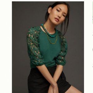Anthropologie Green Lace Sleeve Sweatshirt
